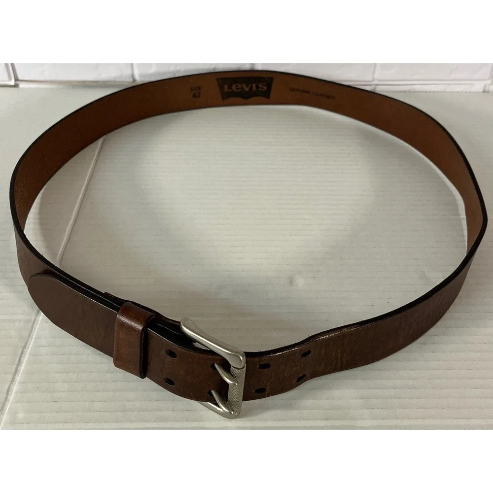 Levi's Belt Mens 42 Brown Genuine Leather Double Prong Buckle Casual Classic